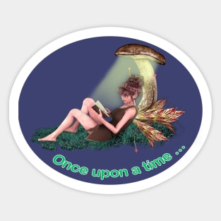 Fairy faerie elf reading under toadstool Sticker